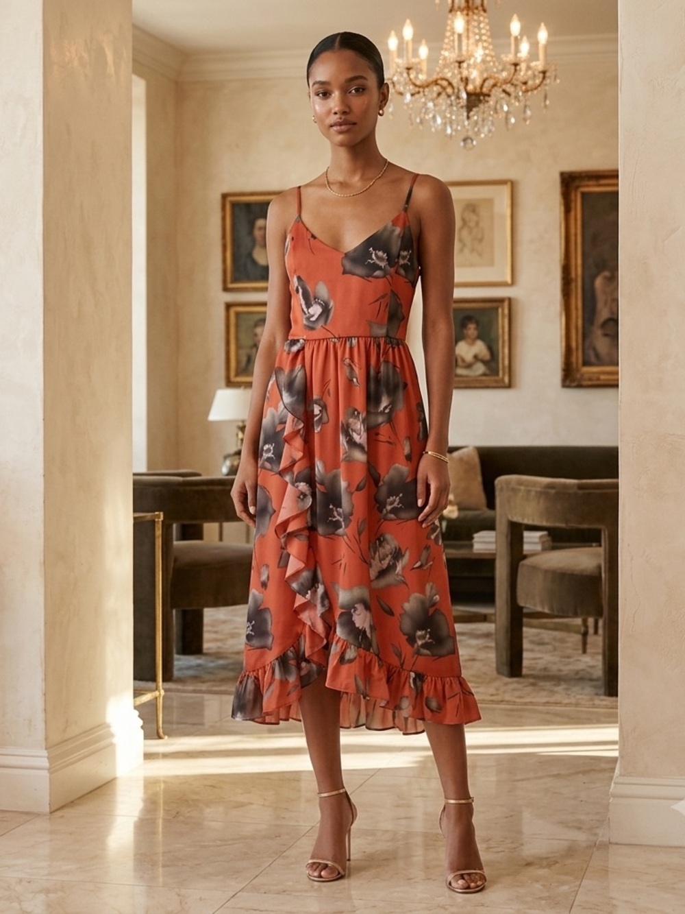 Avec Les Filles Dress 14 NWT Rust Multi Floral Ruffle Asymmetrical‎ Midi Cami